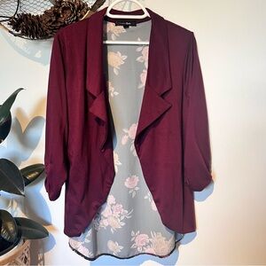 Sloane & Sadie Elegant Burgundy Blazer with 3/4 sleeves and Roses size XL